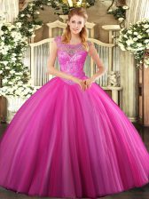  Hot Pink Ball Gowns Scoop Sleeveless Tulle Floor Length Lace Up Beading Sweet 16 Quinceanera Dress