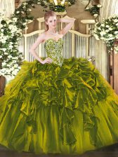 Suitable Olive Green Lace Up Ball Gown Prom Dress Beading and Ruffles Sleeveless Floor Length