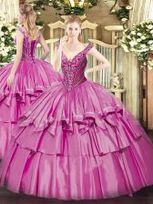 Wonderful Ball Gowns 15th Birthday Dress Lilac V-neck Organza and Taffeta Sleeveless Floor Length Lace Up