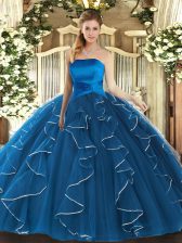 High Quality Floor Length Blue Quinceanera Gown Tulle Sleeveless Ruffles