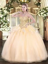 Custom Fit Floor Length Lace Up 15th Birthday Dress Champagne for Sweet 16 and Quinceanera with Appliques