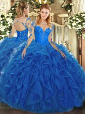  Blue Scoop Neckline Lace and Ruffles Sweet 16 Quinceanera Dress Long Sleeves Lace Up