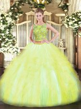 High Quality Yellow Green Scoop Neckline Beading and Ruffles Sweet 16 Dress Sleeveless Lace Up