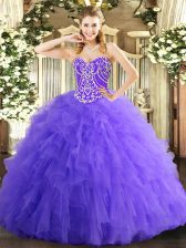 Fashion Floor Length Lace Up Sweet 16 Dresses Lavender for Military Ball and Sweet 16 and Quinceanera with Beading and Ruffles