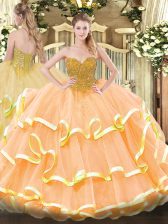Luxurious Peach Ball Gowns Beading and Ruffled Layers Quinceanera Gown Lace Up Organza Sleeveless Floor Length