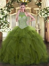 Pretty Olive Green Sleeveless Beading Floor Length Quince Ball Gowns