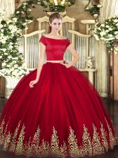  Wine Red Off The Shoulder Zipper Appliques Quince Ball Gowns Short Sleeves