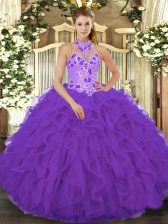  Floor Length Ball Gowns Sleeveless Purple Quince Ball Gowns Lace Up