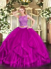  Sleeveless Organza Floor Length Zipper Quinceanera Gown in Fuchsia with Beading and Ruffles