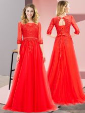 Excellent Red 3 4 Length Sleeve Tulle Lace Up Prom Dresses for Prom and Party