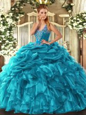  Teal Vestidos de Quinceanera Military Ball and Sweet 16 and Quinceanera with Beading and Ruffles and Pick Ups Straps Sleeveless Lace Up