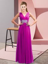 Simple Fuchsia Dress for Prom Prom and Party with Beading and Ruching V-neck Sleeveless Side Zipper