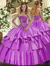 Fitting Lilac Organza and Taffeta Lace Up Strapless Sleeveless Floor Length Quinceanera Gowns Beading and Ruffled Layers