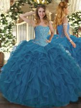 Hot Sale Teal Sleeveless Floor Length Beading and Ruffles Lace Up Sweet 16 Quinceanera Dress