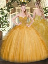 Enchanting Gold Sleeveless Floor Length Lace Lace Up Quinceanera Dresses