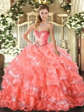  Watermelon Red Sleeveless Organza Lace Up Vestidos de Quinceanera for Military Ball and Sweet 16 and Quinceanera