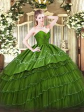  Green Sweetheart Zipper Embroidery and Ruffled Layers Quince Ball Gowns Sleeveless