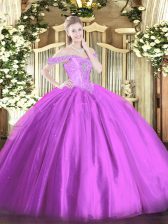Vintage Lilac Tulle Lace Up Off The Shoulder Sleeveless Floor Length 15 Quinceanera Dress Beading