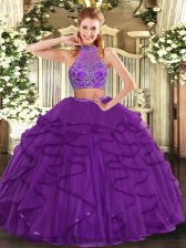  Halter Top Sleeveless Quinceanera Dress Floor Length Beading and Ruffled Layers Purple Tulle