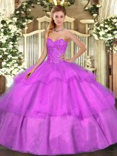 Sophisticated Lilac Tulle Lace Up Sweetheart Sleeveless Floor Length Quinceanera Gown Beading and Ruffled Layers