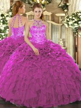 Sexy Fuchsia Sleeveless Floor Length Beading and Embroidery and Ruffles Lace Up Vestidos de Quinceanera