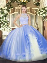  Baby Blue Scoop Neckline Lace and Ruffles Ball Gown Prom Dress Sleeveless Zipper