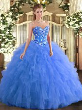  Blue Tulle Lace Up Sweetheart Sleeveless Floor Length Sweet 16 Quinceanera Dress Embroidery and Ruffles