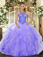 Sophisticated High-neck Sleeveless 15 Quinceanera Dress Floor Length Beading and Ruffles Lavender Organza