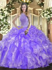 Deluxe Sleeveless Organza Floor Length Lace Up 15th Birthday Dress in Lavender with Beading and Ruffles