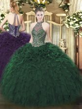  Halter Top Sleeveless Sweet 16 Dresses Floor Length Beading and Ruffles Dark Green Taffeta