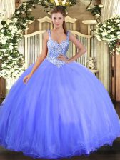 Affordable Blue Ball Gowns Beading Vestidos de Quinceanera Lace Up Tulle Sleeveless Floor Length