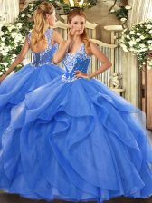 Popular Floor Length Blue Quince Ball Gowns Straps Sleeveless Lace Up