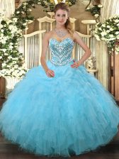  Ball Gowns Quinceanera Dress Aqua Blue Sweetheart Tulle Sleeveless Floor Length Lace Up