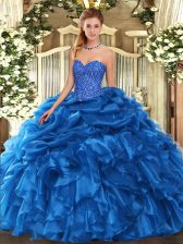 Best Beading and Ruffles and Pick Ups Quinceanera Dress Blue Lace Up Sleeveless Floor Length