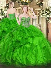 Modern Green Organza Lace Up Sweetheart Sleeveless Floor Length 15 Quinceanera Dress Beading and Ruffles