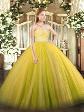 Sumptuous Gold Tulle Zipper Quinceanera Gowns Sleeveless Floor Length Beading and Lace