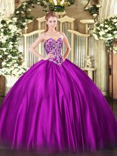  Fuchsia Satin Lace Up Quinceanera Gowns Sleeveless Floor Length Beading