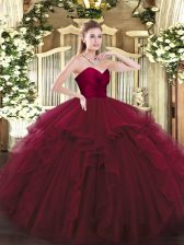  Sleeveless Floor Length Ruffles Lace Up Vestidos de Quinceanera with Wine Red