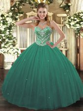Super Sleeveless Floor Length Beading Lace Up Sweet 16 Dresses with Turquoise