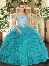 Luxurious Sleeveless Floor Length Beading and Ruffles Lace Up 15th Birthday Dress with Teal 