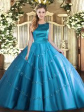 Modest Aqua Blue Ball Gowns Tulle Scoop Sleeveless Appliques Floor Length Lace Up Sweet 16 Dress