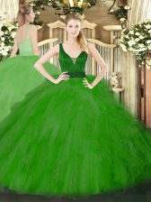 New Style Tulle Straps Sleeveless Zipper Beading and Ruffles Quince Ball Gowns in Green