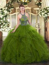 Fine Tulle Halter Top Sleeveless Lace Up Beading and Ruffles Sweet 16 Quinceanera Dress in Olive Green