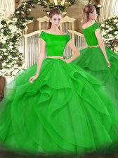 Adorable Green Off The Shoulder Zipper Appliques and Ruffles Ball Gown Prom Dress Short Sleeves