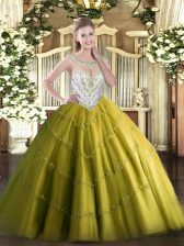 Dazzling Floor Length Zipper Sweet 16 Quinceanera Dress Olive Green for Military Ball and Sweet 16 and Quinceanera with Beading and Appliques