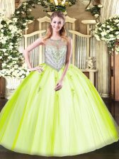  Yellow Green Tulle Zipper Sweet 16 Quinceanera Dress Sleeveless Floor Length Beading and Appliques