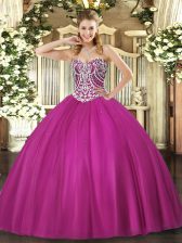 Perfect Floor Length Lace Up Ball Gown Prom Dress Fuchsia for Military Ball and Sweet 16 and Quinceanera with Beading