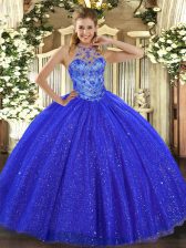 Glittering Halter Top Sleeveless Tulle and Sequined Ball Gown Prom Dress Beading and Embroidery Lace Up