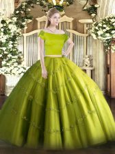  Olive Green Zipper Quinceanera Gowns Appliques Short Sleeves Floor Length