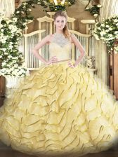 Delicate Sleeveless Tulle Brush Train Zipper 15th Birthday Dress in Gold with Lace and Ruffles